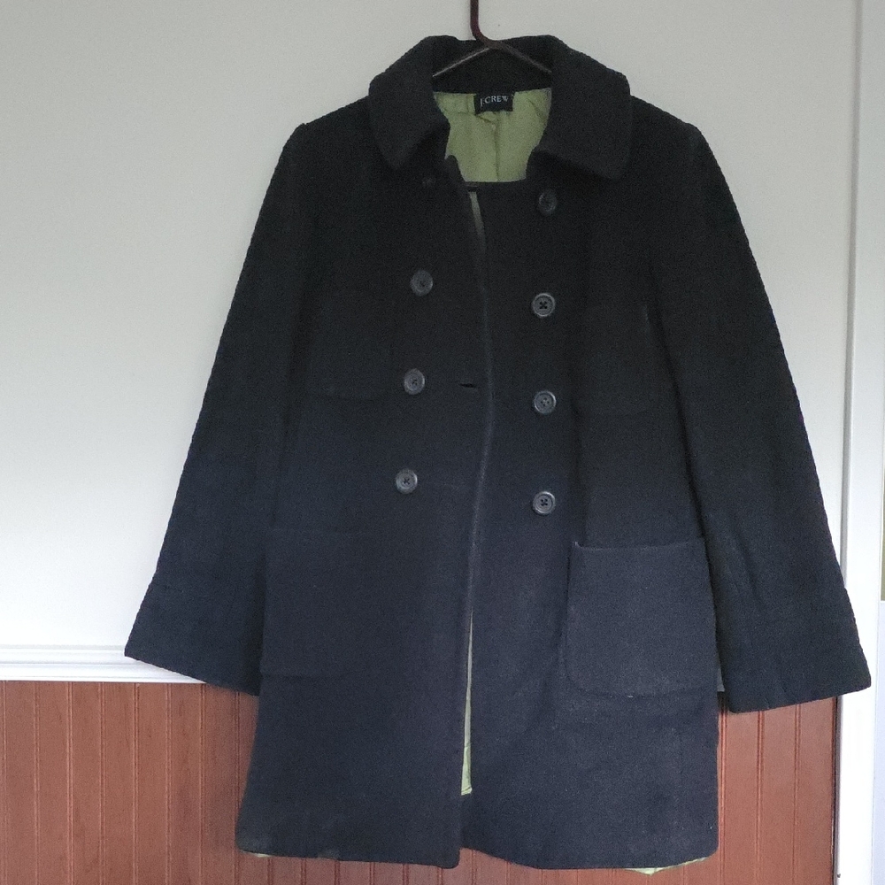 J. Crew Black Double-Breasted Coat with Green Lining
